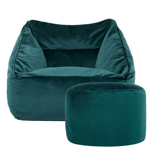 Pouf Fauteuil Natalia Avec Repose-pied Rond Icon Velours Bleu Canard 100 X 88cm