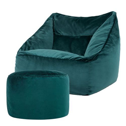 Pouf Fauteuil Natalia Avec Repose-pied Rond Icon Velours Bleu Canard 100 X 88cm