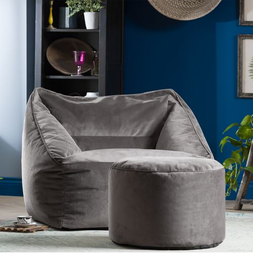 Pouf Fauteuil Natalia Avec Repose-pied Rond Icon Velours Gris Anthracite 100 X 88cm