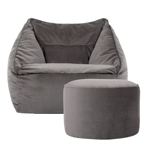 Pouf Fauteuil Natalia Avec Repose-pied Rond Icon Velours Gris Anthracite 100 X 88cm