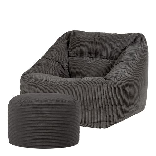 Pouf Fauteuil Morgan Et Repose-pied Rond Velours Côtelé Gris Anthracite 100 X 88cm