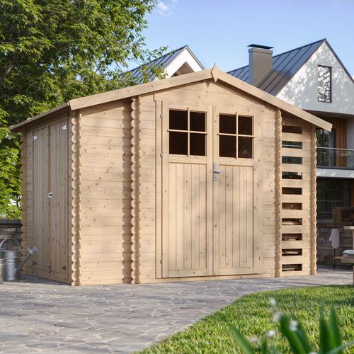 M389f+m389g Abri De Jardin En Bois Et Range Bûches Avec Sol Traité - 3,53 + 0,97+0,97 M2