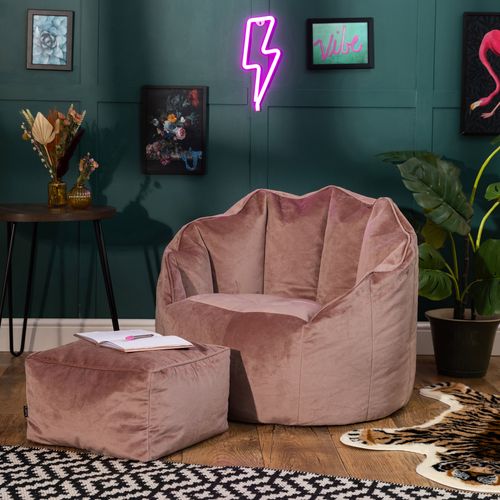 Pouf Fauteuil Sirena Avec Repose-pied Velours Aube Rose, Salon, 77 X 74cm