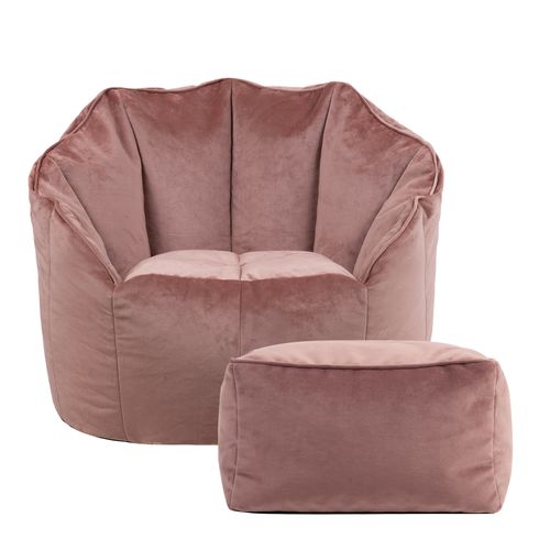 Pouf Fauteuil Sirena Avec Repose-pied Velours Aube Rose, Salon, 77 X 74cm