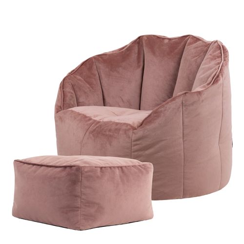 Pouf Fauteuil Sirena Avec Repose-pied Velours Aube Rose, Salon, 77 X 74cm