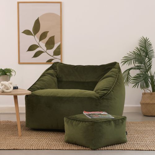 Pouf Fauteuil Natalia Avec Repose-pied Carré Velours Vert Olive, 88 X 100cm