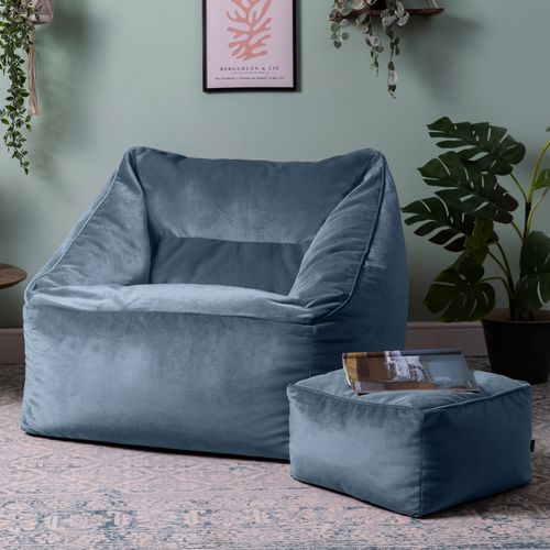 Pouf Fauteuil Natalia Avec Repose-pied Carré Velours Bleu Minéral, 88 X 100cm