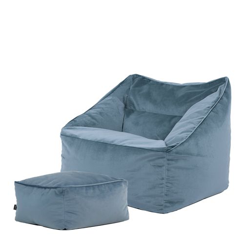 Pouf Fauteuil Natalia Avec Repose-pied Carré Velours Bleu Minéral, 88 X 100cm