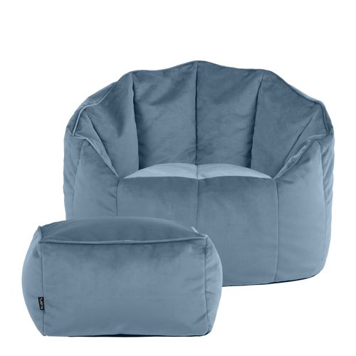 Pouf Fauteuil Sirena Avec Repose-pied Velours Bleu Minéral, Salon, 77 X 74cm
