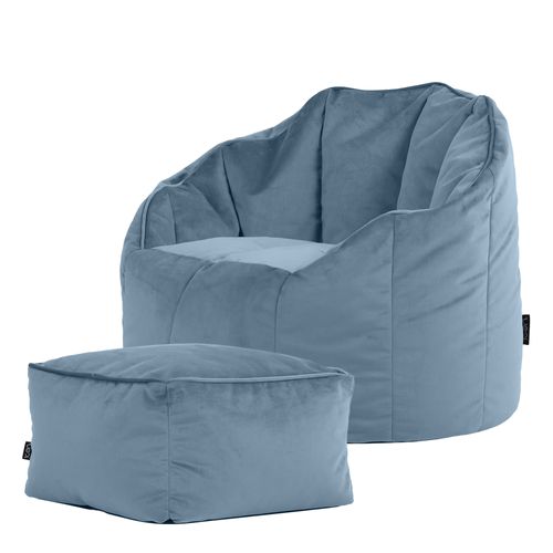 Pouf Fauteuil Sirena Avec Repose-pied Velours Bleu Minéral, Salon, 77 X 74cm