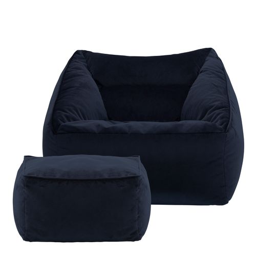 Pouf Fauteuil Natalia Avec Repose-pied Carré Velours Bleu Minuit, 88 X 100cm