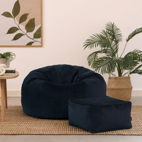 Pouf Aurora Avec Repose-pied Velours Bleu Minuit, Salon, 85 X 85cm