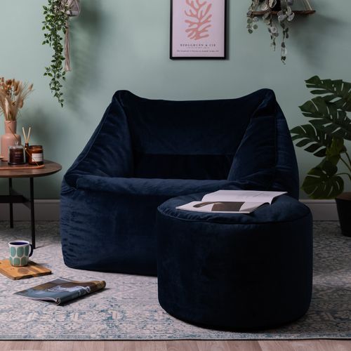 Pouf Fauteuil Natalia Avec Repose-pied Rond Icon Velours Bleu Minuit 100 X 88cm