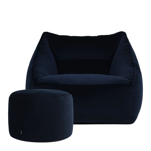 Pouf Fauteuil Natalia Avec Repose-pied Rond Icon Velours Bleu Minuit 100 X 88cm
