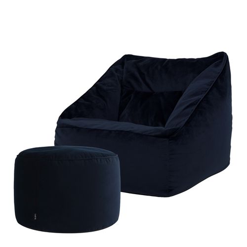 Pouf Fauteuil Natalia Avec Repose-pied Rond Icon Velours Bleu Minuit 100 X 88cm