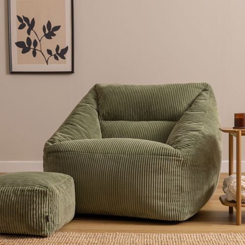 Pouf Fauteuil Poire Natalia Avec Repose-pied Carré Velours Côtelé Vert Sauge 97x84x73cm