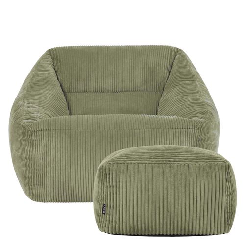 Pouf Fauteuil Poire Natalia Avec Repose-pied Carré Velours Côtelé Vert Sauge 97x84x73cm