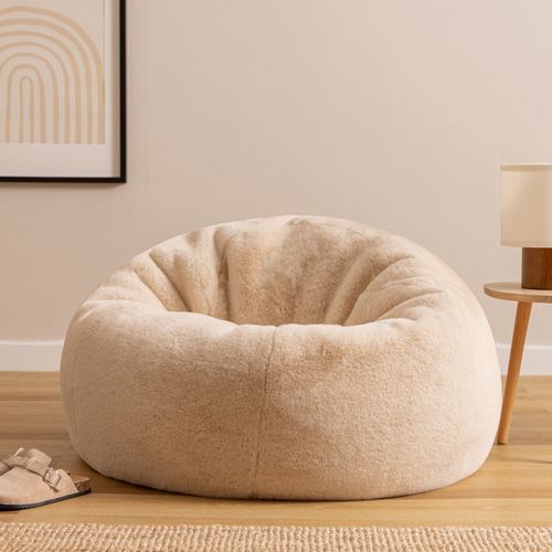 Pouf Poire Icon Fausse Fourrure De Lapin Beige, Salon, Chambre, 85x85x50cm