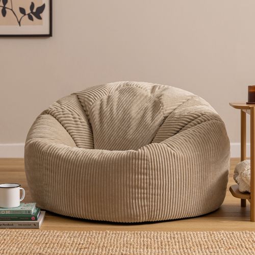 Pouf Classique Large XL Kingston En Velours Côtelé Beige 92x92x52cm