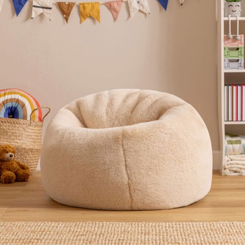 Pouf Poire Large Enfant Kingston Imitation Fourrure Luxueuse De Lapin, Beige 80x80x45cm