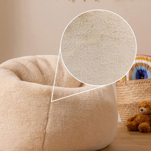 Pouf Poire Large Enfant Kingston Imitation Fourrure Luxueuse De Lapin, Beige 80x80x45cm