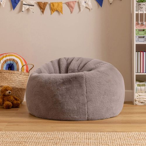 Pouf Poire Large Enfant Kingston Imitation Fourrure Luxueuse De Lapin, Gris Clair 80x80x45cm
