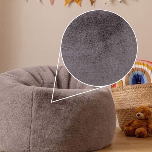 Pouf Poire Large Enfant Kingston Imitation Fourrure Luxueuse De Lapin, Gris Clair 80x80x45cm