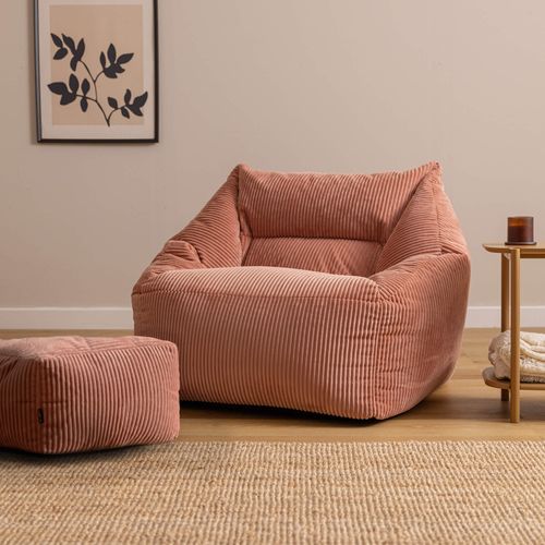 Pouf Fauteuil Poire Natalia Avec Repose-pied Carré Velours Côtelé Rose 97x84x73cm