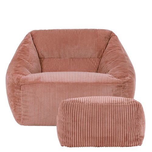 Pouf Fauteuil Poire Natalia Avec Repose-pied Carré Velours Côtelé Rose 97x84x73cm