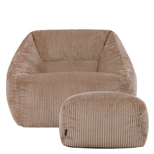 Pouf Fauteuil Poire Natalia Avec Repose-pied Carré Velours Côtelé Brun Moka 97x84x73cm