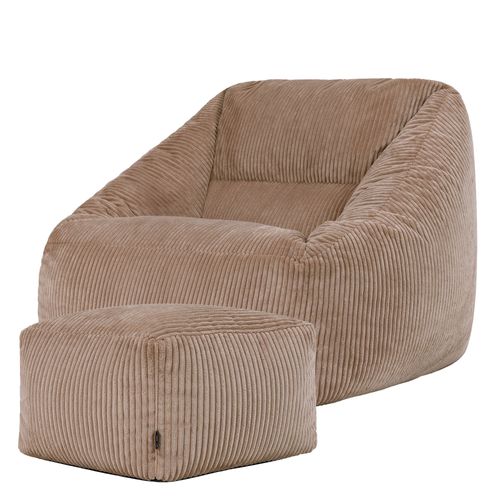 Pouf Fauteuil Poire Natalia Avec Repose-pied Carré Velours Côtelé Brun Moka 97x84x73cm