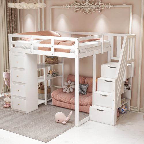Lit mezzanine 140x200cm - avec éclairage LED - avec bureau - avec 1 tiroir - avec escalier - blanc