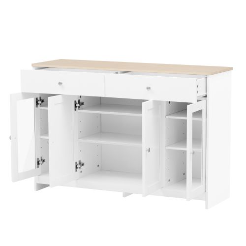Buffet Bas Avec 2 Tiroirs Et 4 Portes En Blanc Et Imitation Chêne - Meuble De Rangement