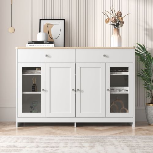 Buffet Bas Avec 2 Tiroirs Et 4 Portes En Blanc Et Imitation Chêne - Meuble De Rangement