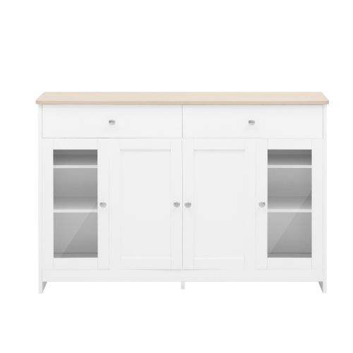 Buffet Bas Avec 2 Tiroirs Et 4 Portes En Blanc Et Imitation Chêne - Meuble De Rangement