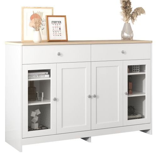 Buffet Bas Avec 2 Tiroirs Et 4 Portes En Blanc Et Imitation Chêne - Meuble De Rangement