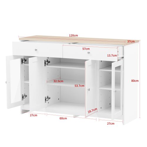 Buffet Bas Avec 2 Tiroirs Et 4 Portes En Blanc Et Imitation Chêne - Meuble De Rangement