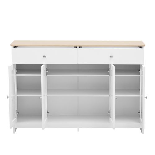 Buffet Bas Avec 2 Tiroirs Et 4 Portes En Blanc Et Imitation Chêne - Meuble De Rangement