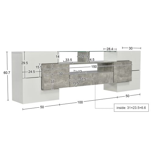 Meuble TV L.200 Cm LED Avec 2 Tiroirs Et 4 Portes En Blanc + Gris