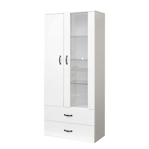 Vitrine Buffet Haut LED Avec 2 Portes Et 2 Tiroirs En Blanc - Meuble De Rangement