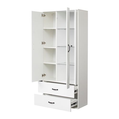 Vitrine Buffet Haut LED Avec 2 Portes Et 2 Tiroirs En Blanc - Meuble De Rangement