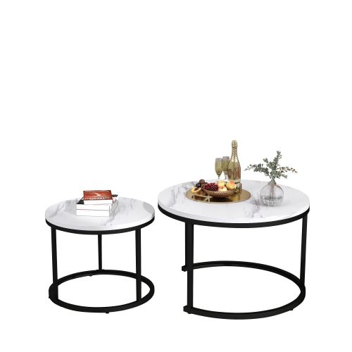 Ensemble De 2 Tables Basses Rondes-table Basse De Salon-table D'appoint Ronde Gigogne-blanc