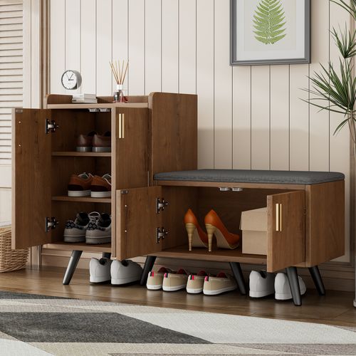 Banc Meuble à Chaussures Naturel Avec 4 Portes De Rangement Avec Poignées Asymétriques En Métal
