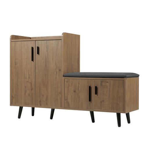 Banc Meuble à Chaussures Naturel Avec 4 Portes De Rangement Avec Poignées Asymétriques En Métal