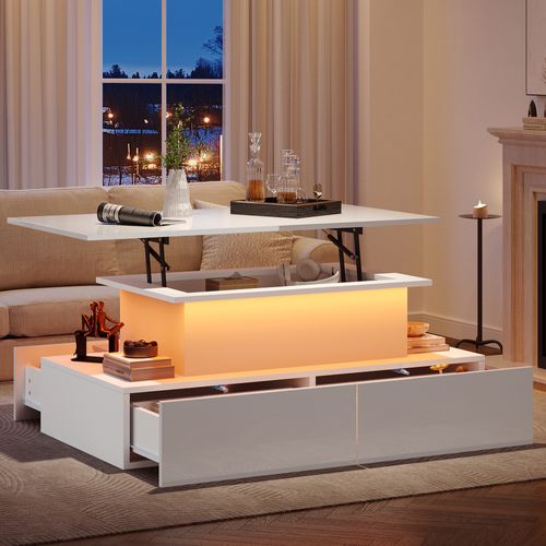 Table Basse 4 Tiroirs Et Plateau Relevable Blanc