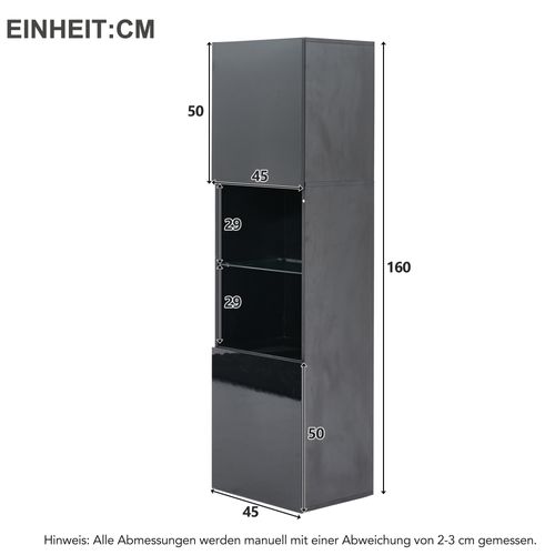 Vitrine Haute Noir Avec 1 Cloison Vitrée, 2 Portes Et LED