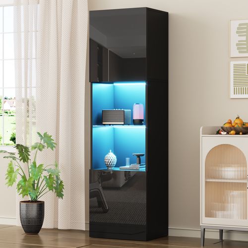 Vitrine Haute Noir Avec 1 Cloison Vitrée, 2 Portes Et LED