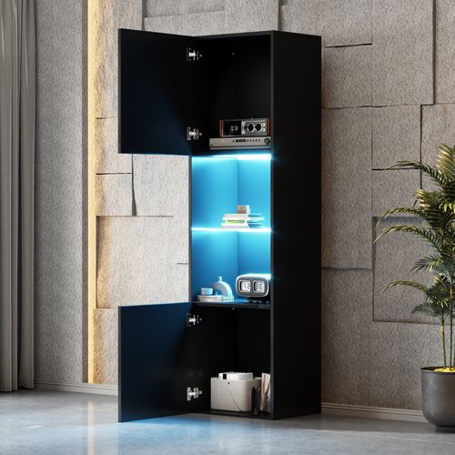 Vitrine Haute Noir Avec 1 Cloison Vitrée, 2 Portes Et LED