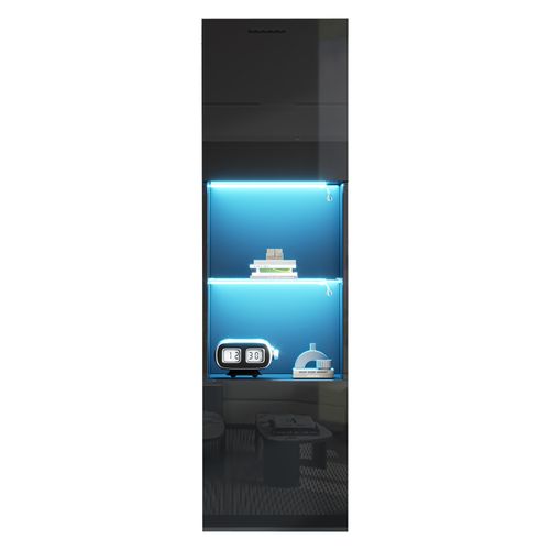 Vitrine Haute Noir Avec 1 Cloison Vitrée, 2 Portes Et LED