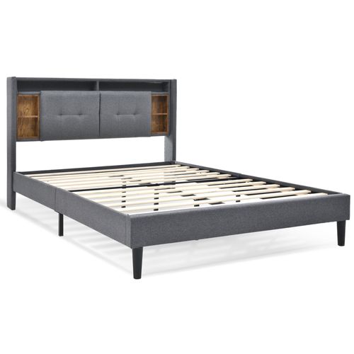 Lit Rembourré LED 140 X 200 Cm Avec Tête De Lit Et Sommier Couleur Gris